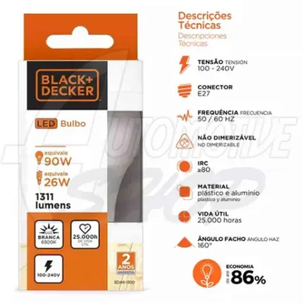 Lâmpada Led 9w Bulbo Soquete E27 110 220 Black Decker Branco